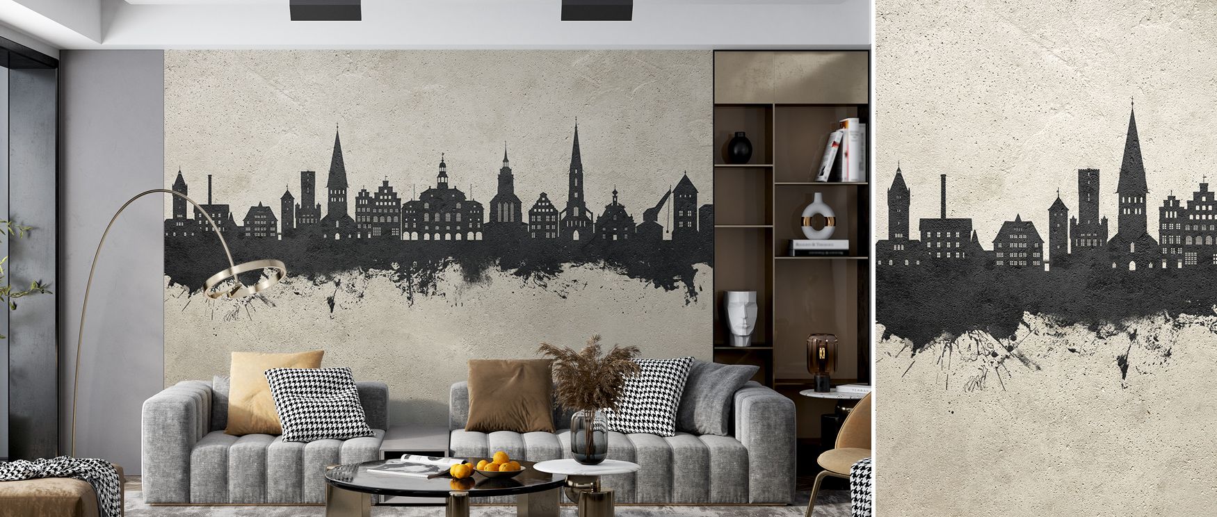 Layers of concrete shading define skyline horizons, producing imagery that enhances living areas or offices with atmosphere filled with cultural resonance, decorative sophistication, and contemplative calm expressed in architectural balance. 