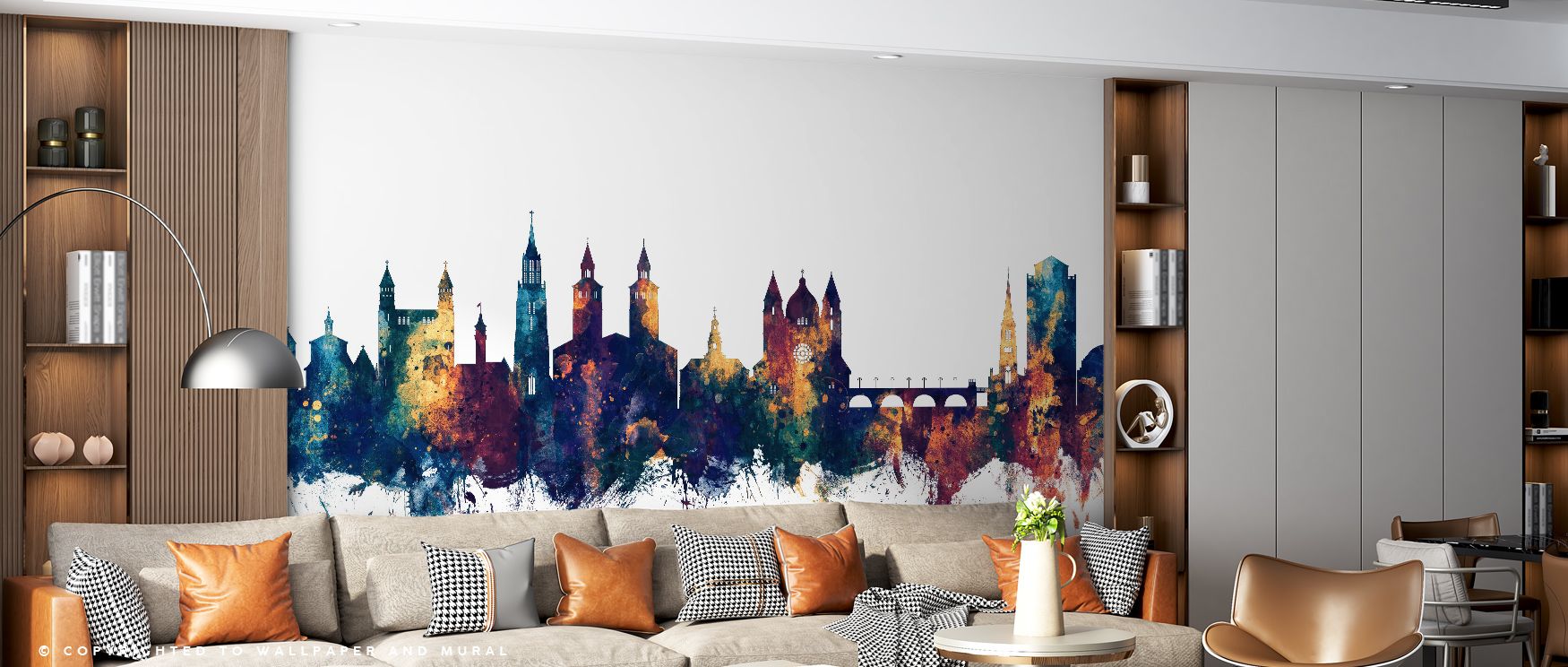 Skyline structures outlined in bronze shimmer rise across blue horizons, producing imagery that enhances bedrooms or offices with atmosphere filled with cultural refinement, decorative resonance, and contemplative calm expressed in regal architectural rhy