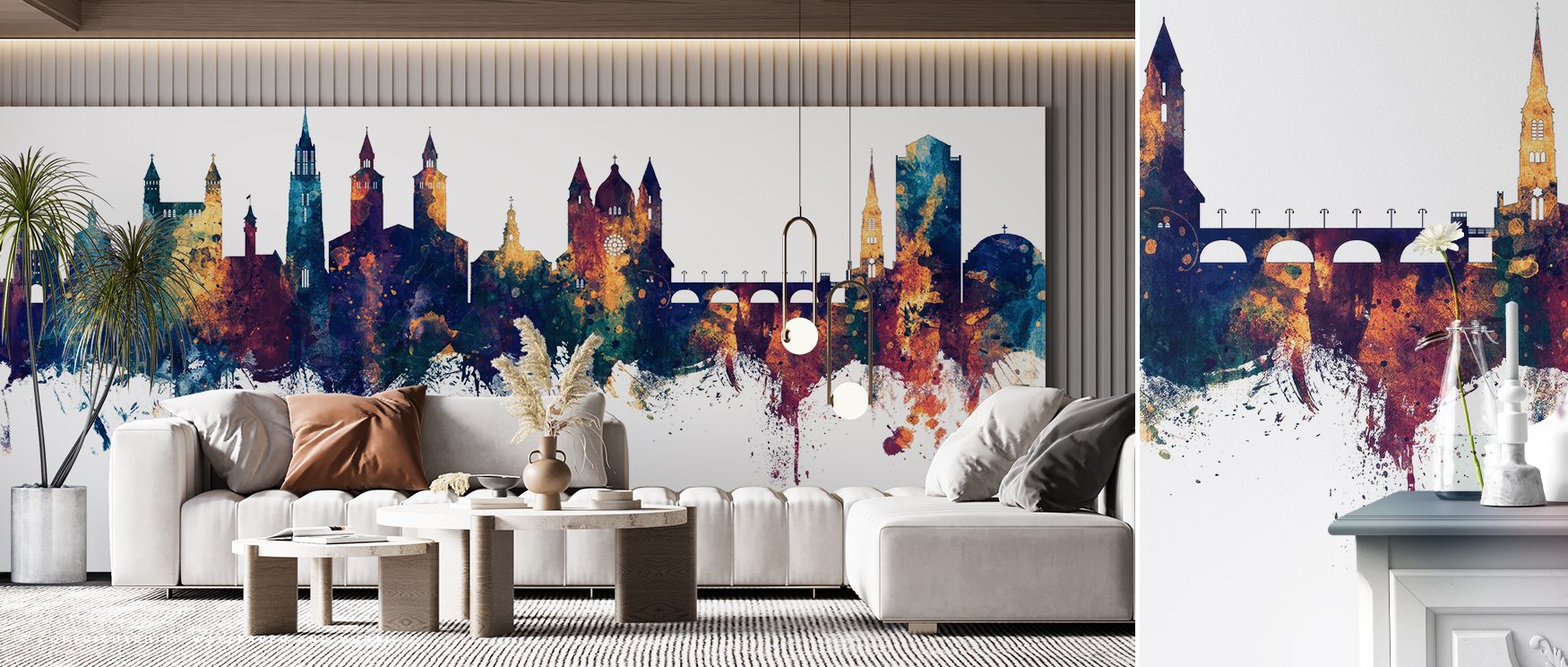 Tonal interplay of bronze shimmer and blue depths highlights skyline silhouettes, producing imagery that enriches living areas or offices with atmosphere steeped in cultural refinement, decorative resonance, and contemplative calm expressed in regal tonal