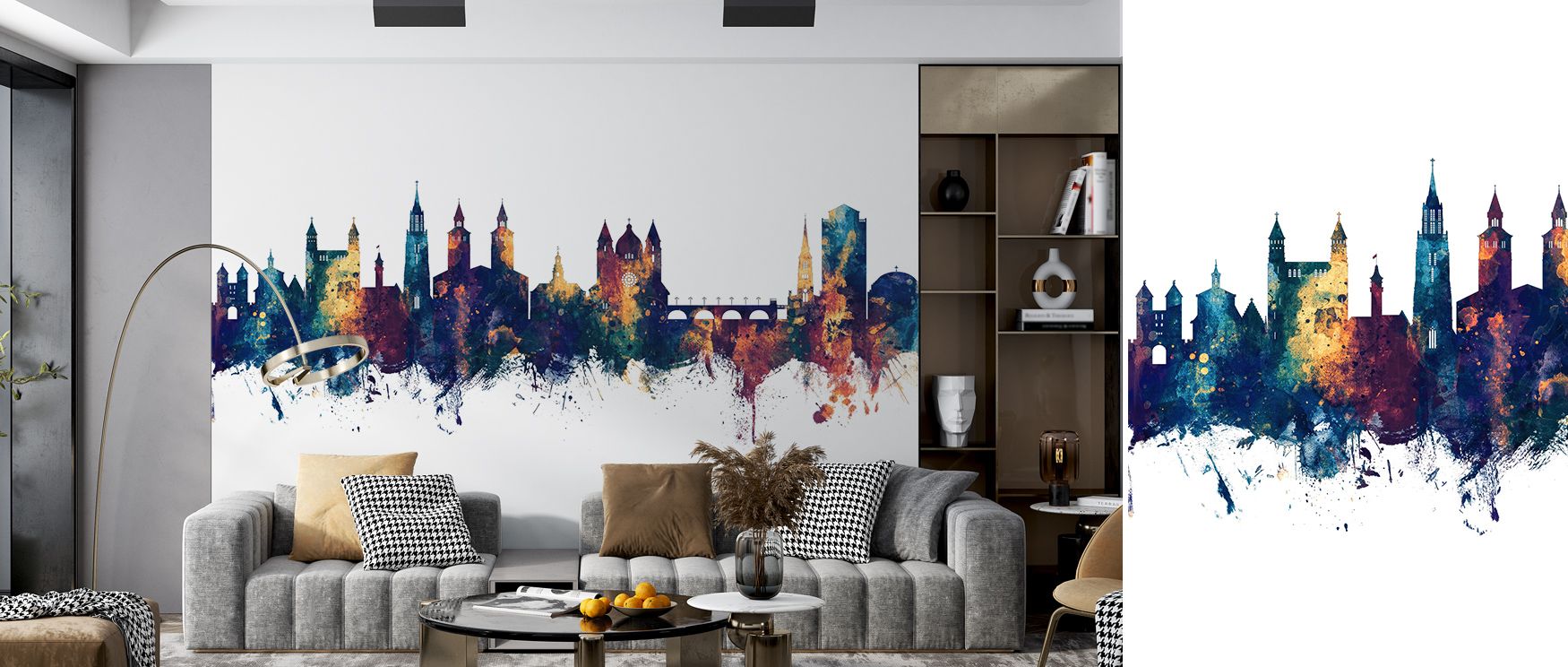 Bronze shimmer highlights silhouettes layered in blue gradients, producing imagery that enhances bedrooms or offices with atmosphere filled with cultural resonance, decorative refinement, and contemplative calm expressed in tonal architectural rhythm. 