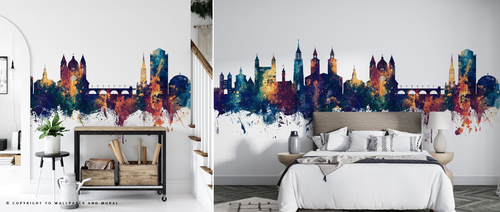 Skyline silhouettes glow with bronze accents layered in blue tones, producing imagery that enriches living rooms or offices with atmosphere steeped in cultural refinement, decorative resonance, and contemplative calm expressed in regal skyline artistry. 