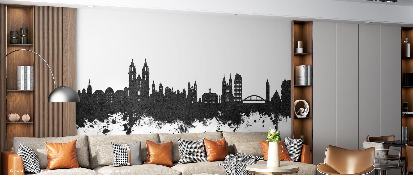 Shadows stretch across skyline forms outlined in black and white contrasts, producing imagery that enhances bedrooms or offices with atmosphere filled with cultural resonance, decorative refinement, and contemplative calm expressed in urban artistry shape