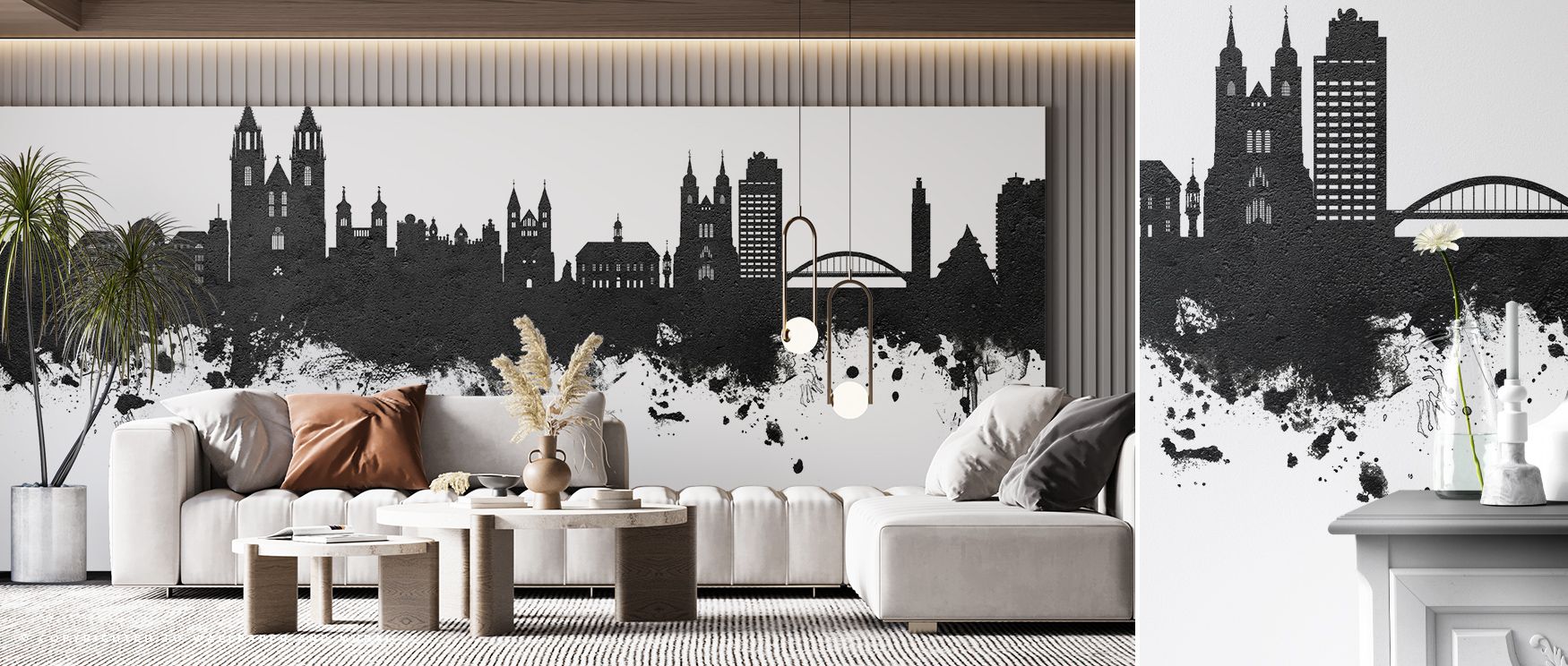 Skyline structures layered in monochrome palette generate imagery that enriches living rooms or offices with atmosphere steeped in cultural refinement, decorative resonance, and contemplative calm expressed in tonal harmony. 