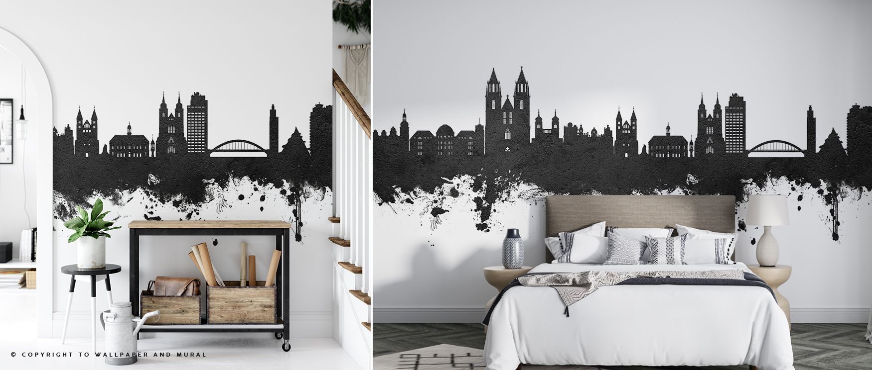 Rhythmic silhouettes layered across horizons in black and white palette produce imagery that enriches living areas or offices with atmosphere steeped in cultural refinement, decorative resonance, and contemplative calm expressed in restrained tonal artist