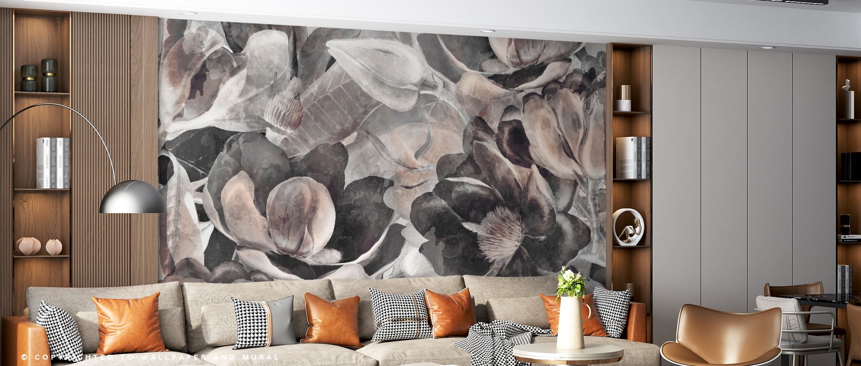 Gentle magnolia petals spread across beige backgrounds, producing imagery that enhances bedrooms or offices with atmosphere filled with cultural refinement, decorative resonance, and contemplative calm expressed through restrained floral artistry and tona