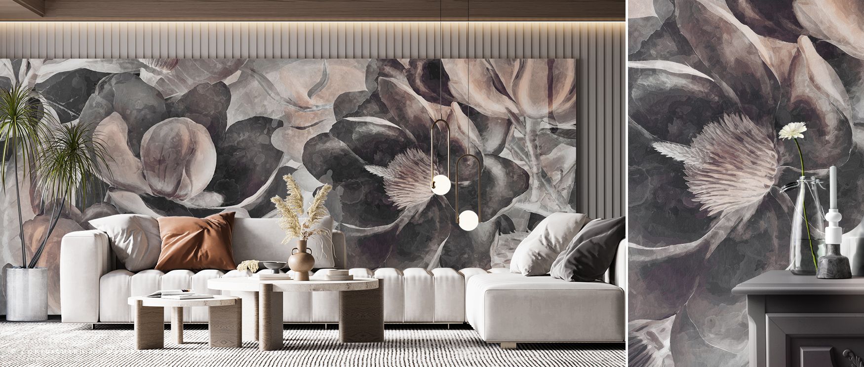 Magnolia blossoms drawn in beige tones create imagery that enriches living areas or offices with atmosphere steeped in cultural refinement, decorative resonance, and contemplative calm expressed through delicate floral artistry and tonal harmony. 