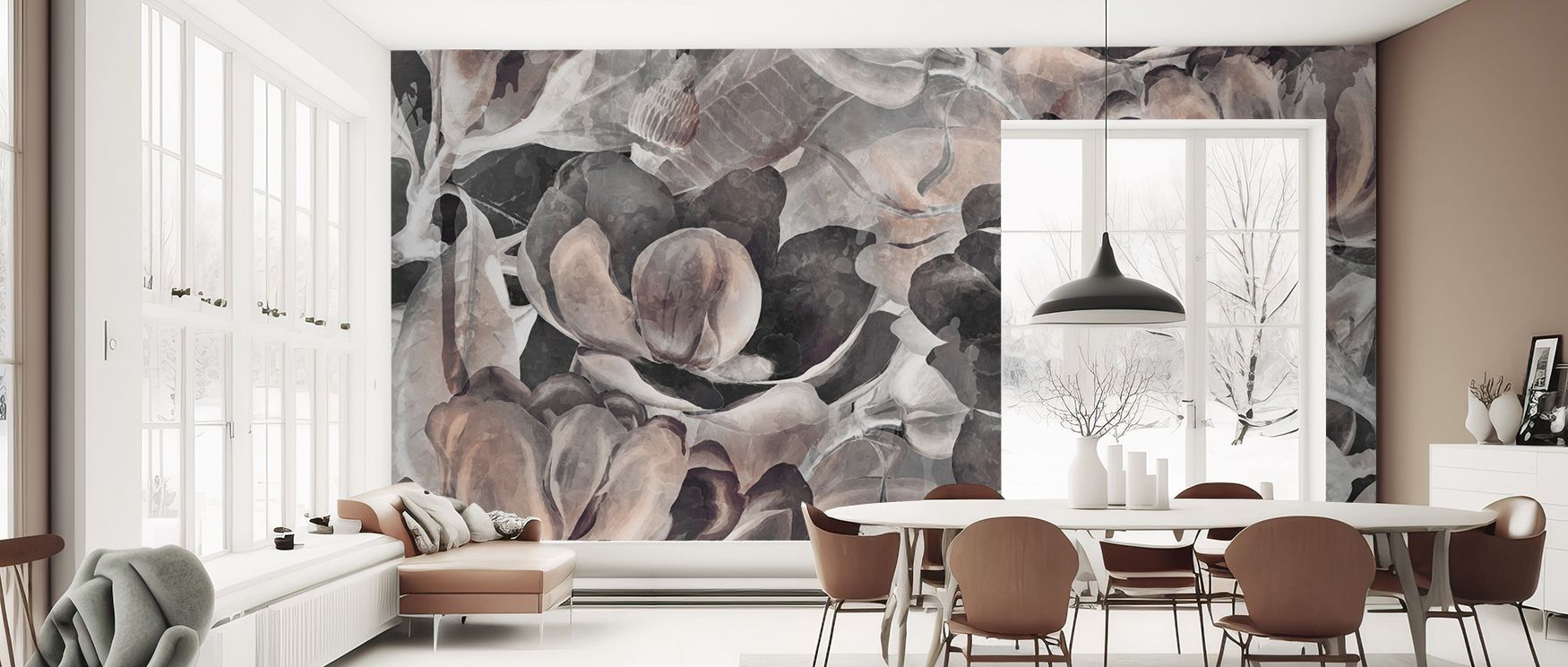 Soft beige floral compositions layered in gentle rhythm produce imagery that enhances bedrooms or living rooms with atmosphere filled with cultural refinement, decorative artistry, and contemplative calm expressed in natural floral design. 
