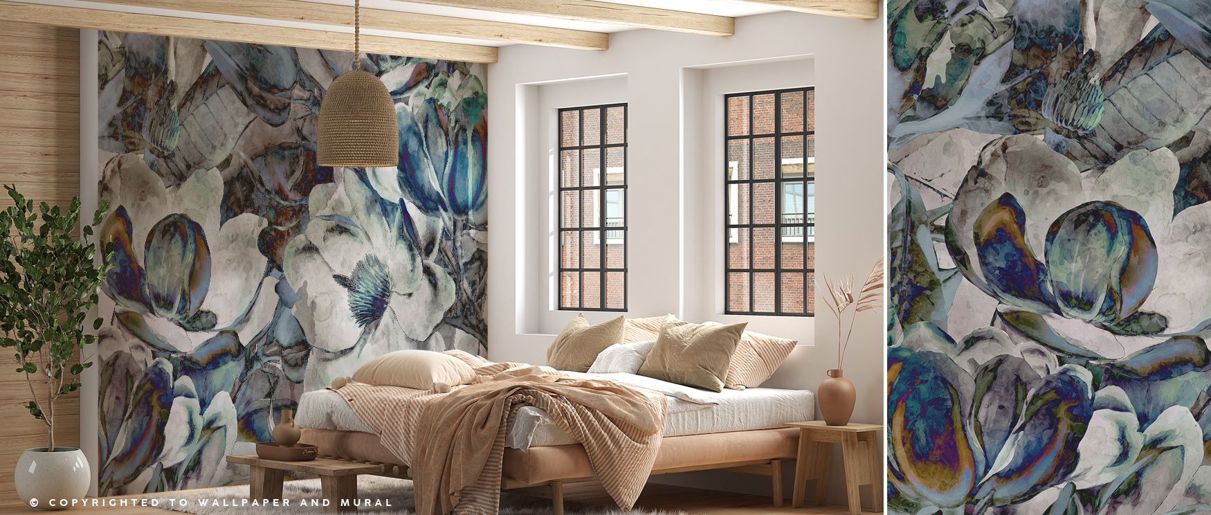 Layers of cool-toned magnolia petals create decorative imagery that enriches living areas or offices with atmosphere steeped in cultural refinement, decorative resonance, and contemplative calm expressed in rhythmic floral harmony. 