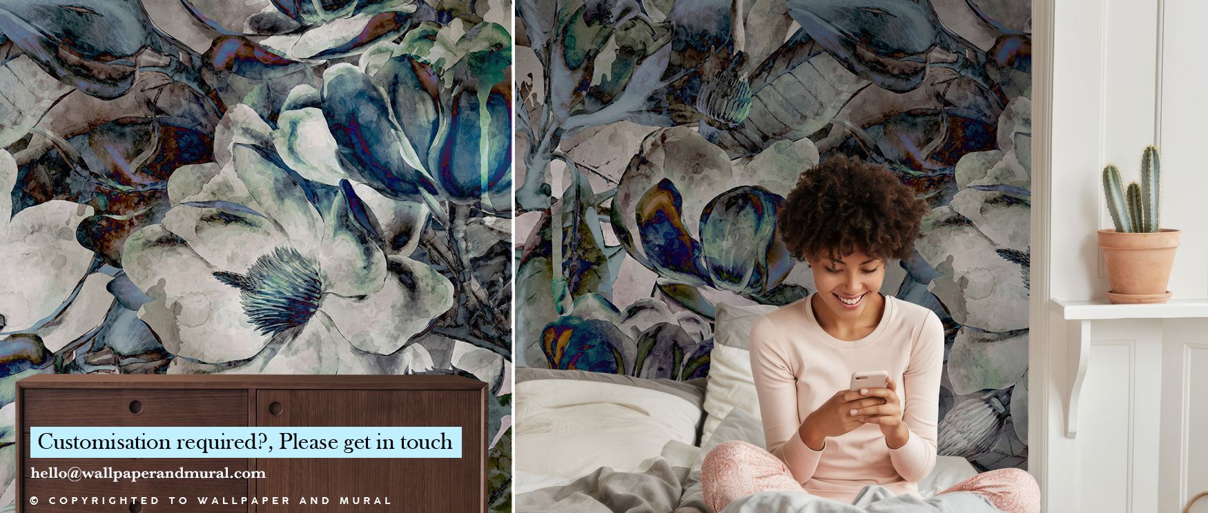 Blue magnolia motifs layered across surfaces create imagery that enriches living rooms or offices with atmosphere steeped in cultural refinement, decorative resonance, and contemplative calm expressed through natural floral artistry in cool tones. 