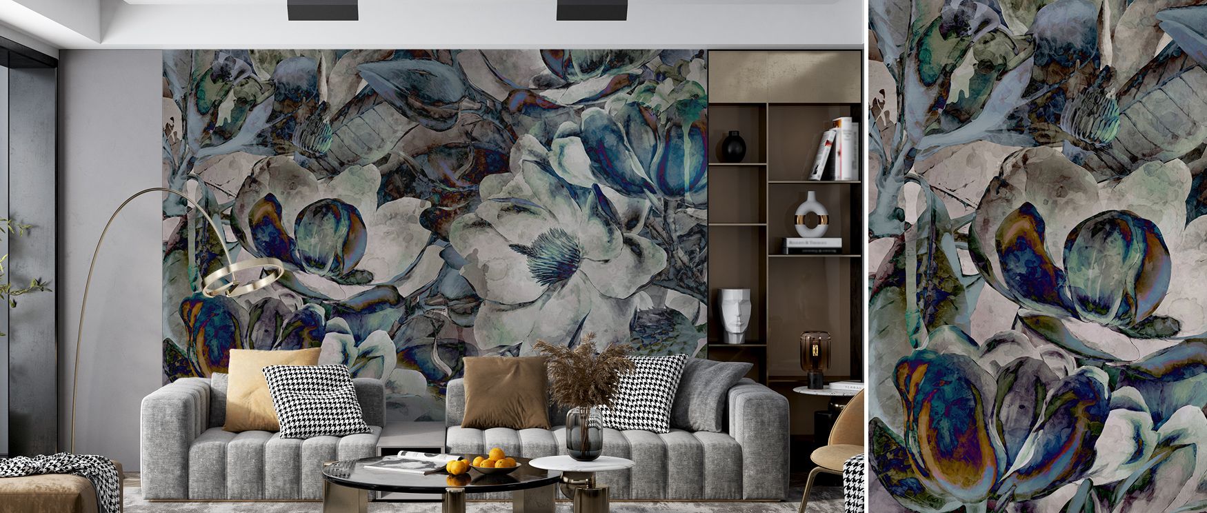 Blossoms spread across tonal blue horizons with soft rhythm, producing imagery that enriches bedrooms or offices with atmosphere steeped in cultural refinement, decorative artistry, and contemplative calm expressed through floral resonance. 