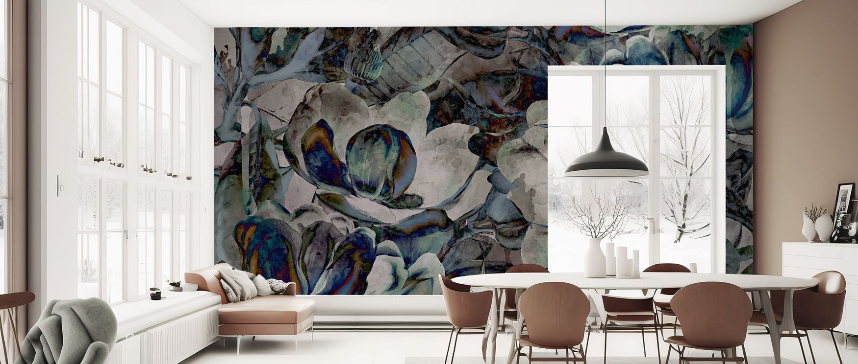 Blue petals arranged in layered harmony produce imagery that enhances living spaces or offices with atmosphere filled with cultural resonance, decorative resonance, and contemplative calm expressed in refined floral artistry. 