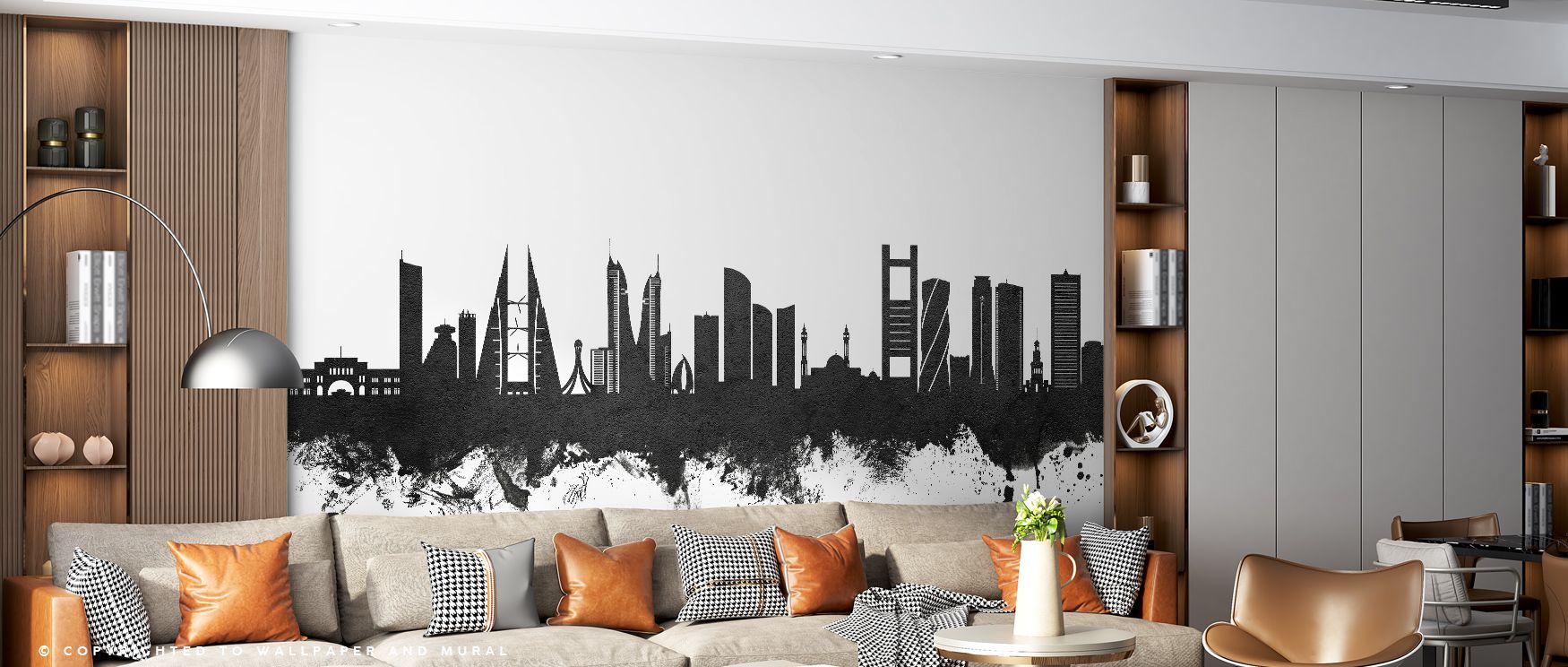 Architectural clarity defines the Manama Skyline Black & White Wallpaper, where light and shadow meet in balanced monochrome tones. The design transforms walls into urban artistry, suitable for bedrooms, offices, or living rooms. It introduces movement wi