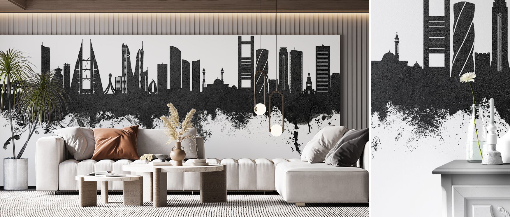 Refined minimalism characterizes the Manama Skyline Black & White Wallpaper, where crisp tones highlight the skyline’s silhouette in striking contrast. This design enriches walls with depth and balance, adaptable to bedrooms, offices, or living rooms. Its