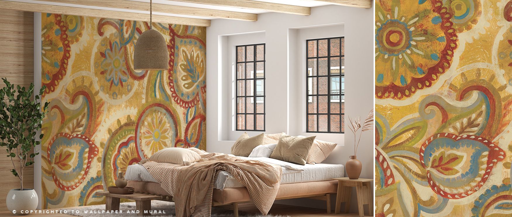 Cultural charm emerges in the Mandala and Paisley Wallpaper, where paisley and mandala motifs intertwine with detailed artistry. The rhythmic composition provides depth and atmosphere, enriching bedrooms or living rooms with sophistication. Its ornamental