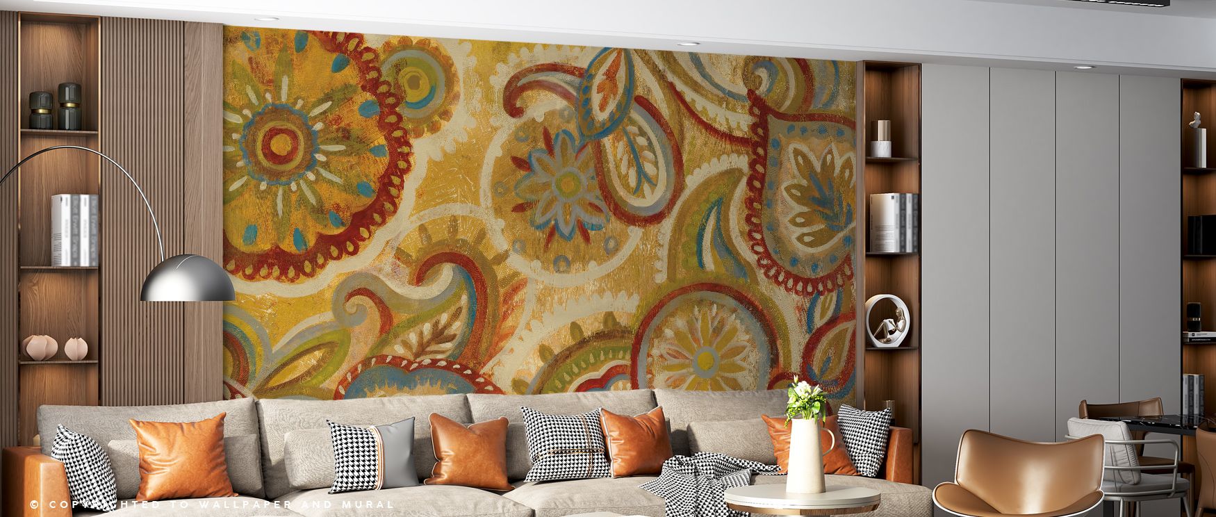 Ornamental harmony is found in the Mandala and Paisley Wallpaper, where intricate motifs reflect cultural artistry. Bedrooms or living rooms are enriched by its rhythmic flow, which adds warmth and atmosphere. The design balances sophistication with movem