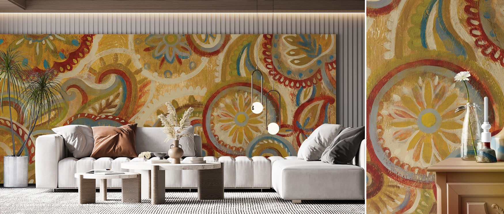 Artistic movement flows through the Mandala and Paisley Wallpaper, where motifs interlace to create depth and atmosphere. Bedrooms or living rooms are enriched by its rhythmic design, where elegance emerges from detail. The ornamental style provides both 