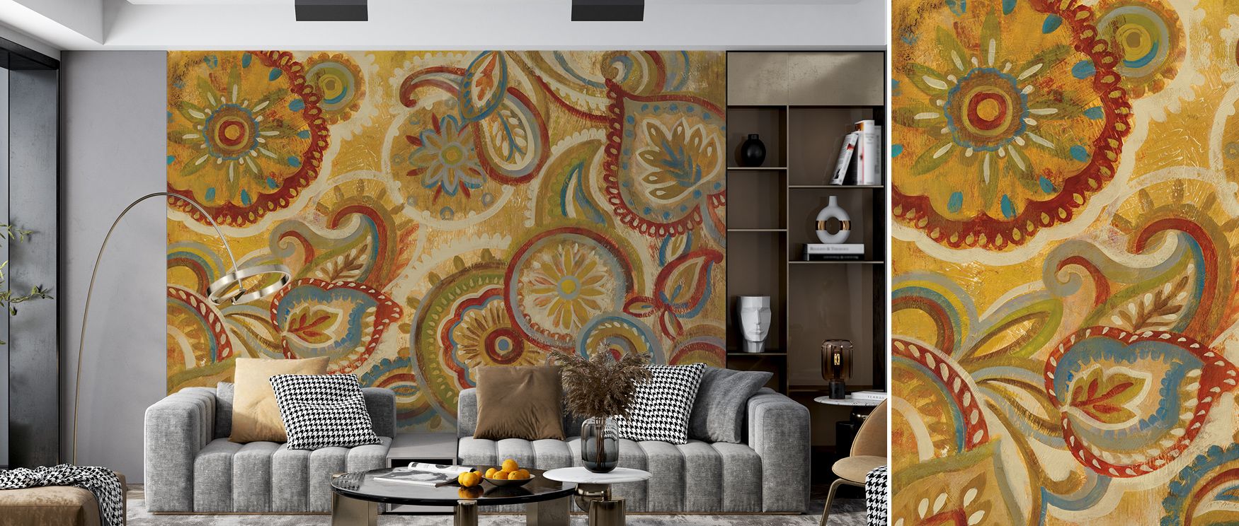 Decorative richness is expressed in the Mandala and Paisley Wallpaper, where intricate motifs provide rhythm and depth. Its ornamental flow enriches bedrooms or living rooms with atmosphere, offering sophistication through detail. The design reflects cult