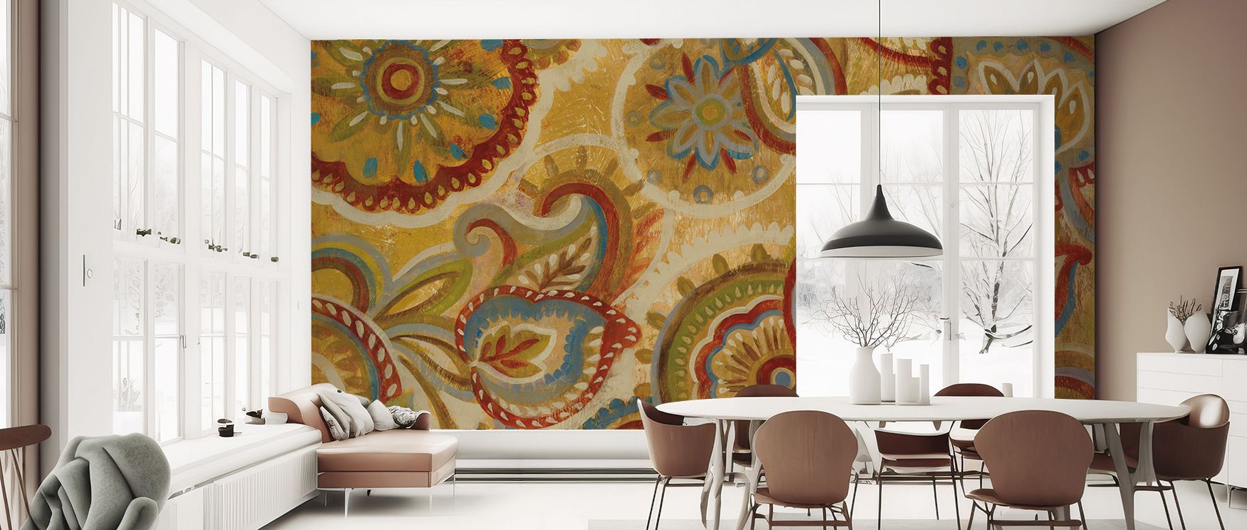 Refined patterns shape the Mandala and Paisley Wallpaper into a design of cultural significance and warmth. Bedrooms or living rooms gain atmosphere from its intricate flow, where artistry and balance intertwine. The ornamental motifs create harmony and s