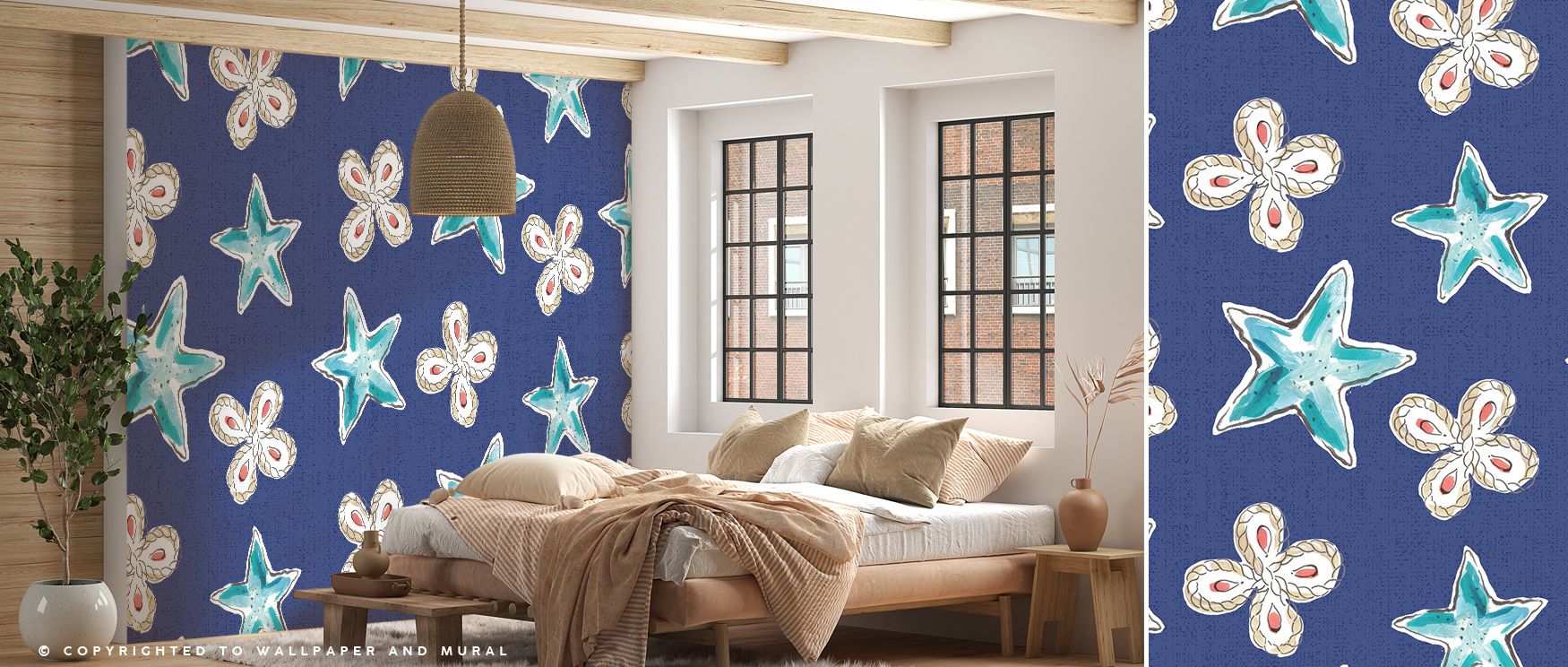 Dreamlike artistry defines the Maritime Stars Blue on Blue Wallpaper, where delicate stars blend seamlessly into layered tones. The composition balances harmony and elegance, enriching walls with imagination. Its celestial rhythm creates timeless sophisti