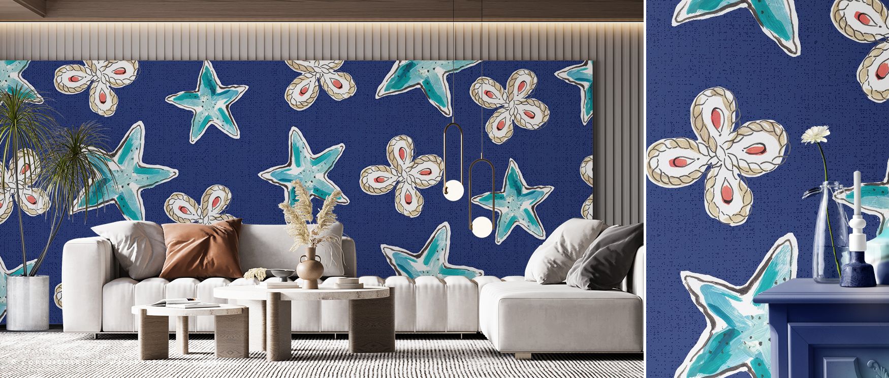 Ethereal charm characterizes the Maritime Stars Blue on Blue Wallpaper, where glowing details shimmer against layered blues. Its refined pattern captures harmony and sophistication, transforming interiors into spaces of imagination. This timeless composit