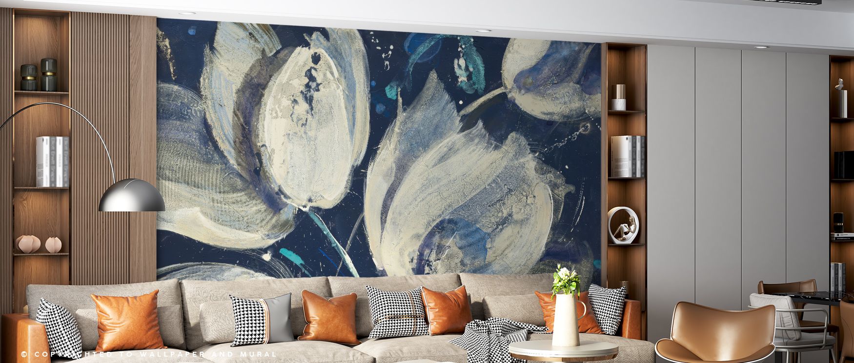 Expressive detail is captured in the Midnight Garden Bright Wallpaper, where each bloom contributes to an ornate garden tapestry. The composition offers vibrancy and richness, transforming interiors into refined spaces filled with lush atmosphere and deco