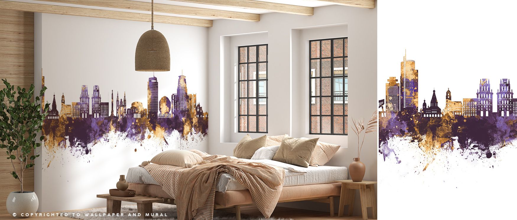 Vibrant tones glow within the Minsk Belarus Skyline Purple & Gold Wallpaper, where silhouettes shine against regal hues. The design enriches interiors with atmosphere of luxury, offering balance and sophistication while capturing architectural artistry wi