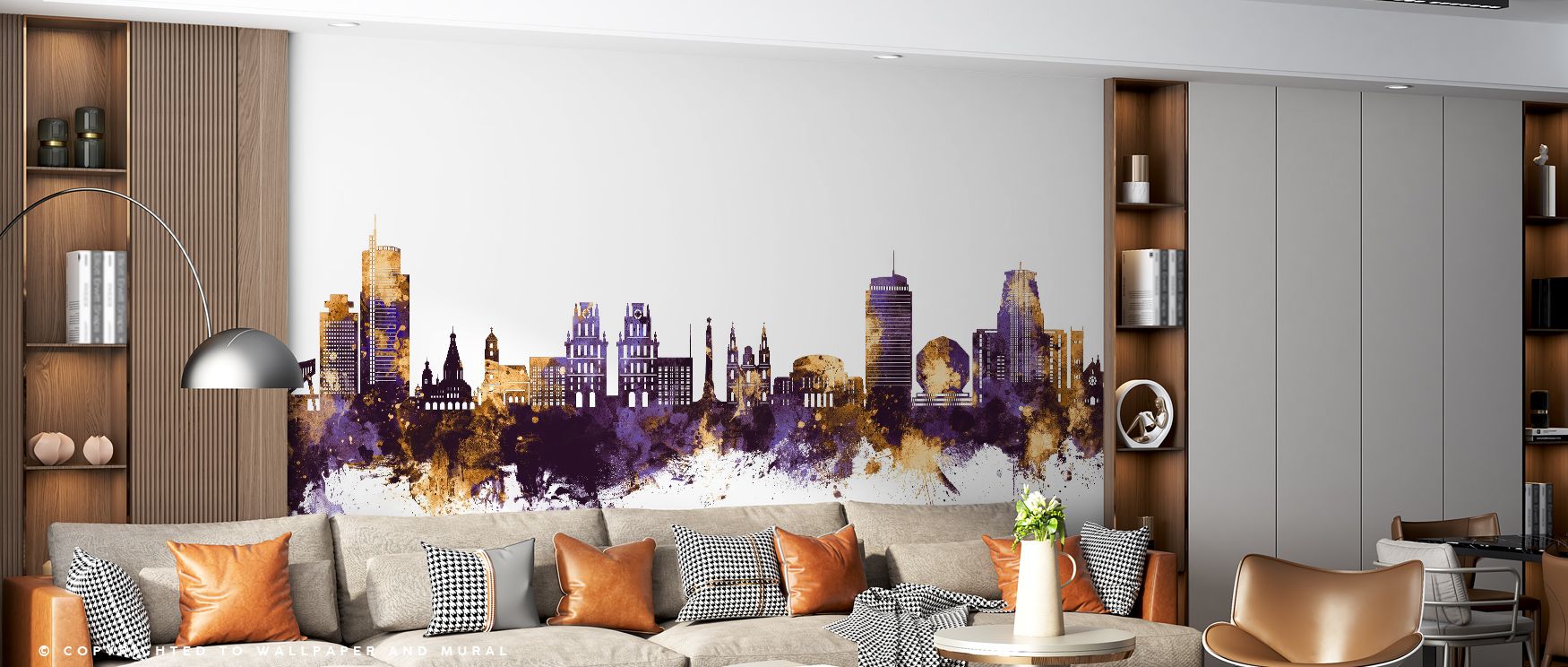Regal charm is reflected in the Minsk Belarus Skyline Purple & Gold Wallpaper, where deep purple contrasts with glowing gold. Its composition enhances walls with atmosphere that feels elegant, bold, and refined, offering decorative artistry that celebrate