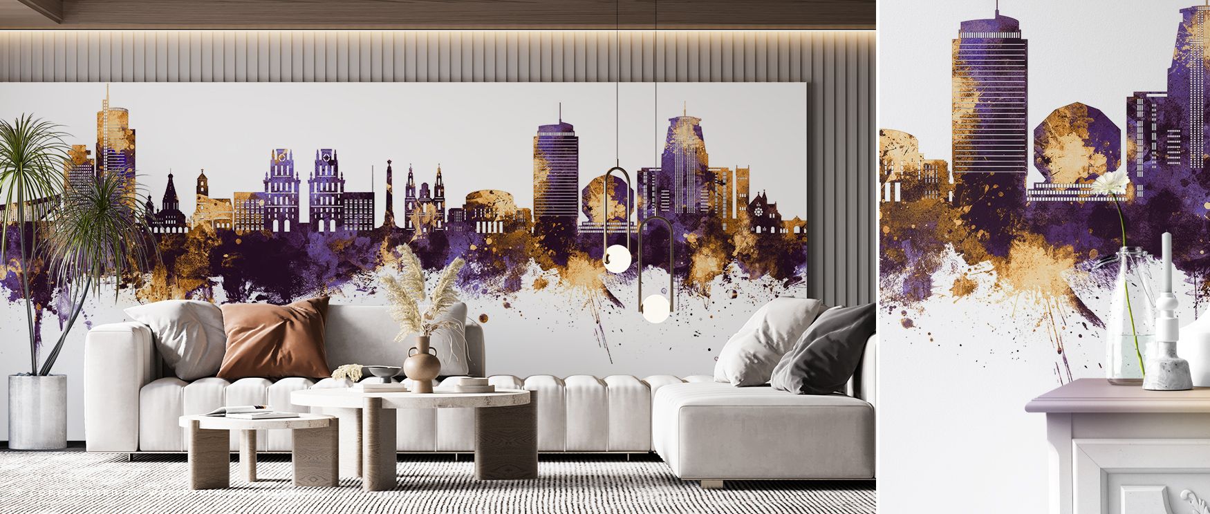 Ornamental artistry radiates from the Minsk Belarus Skyline Purple & Gold Wallpaper, where rich tones create balance and depth. Interiors become enriched with atmosphere that feels regal, offering timeless refinement through stylish skyline composition. 