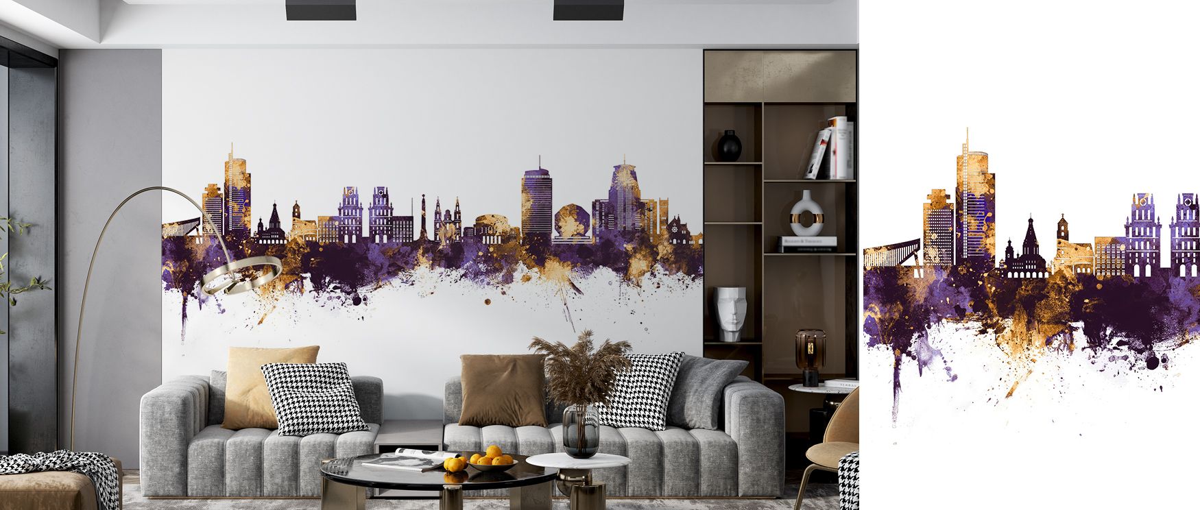 Architectural silhouettes shimmer across the Minsk Belarus Skyline Purple & Gold Wallpaper, where contrast between deep purple and gold conveys harmony. The design enriches walls with atmosphere of elegance, offering decorative sophistication through urba