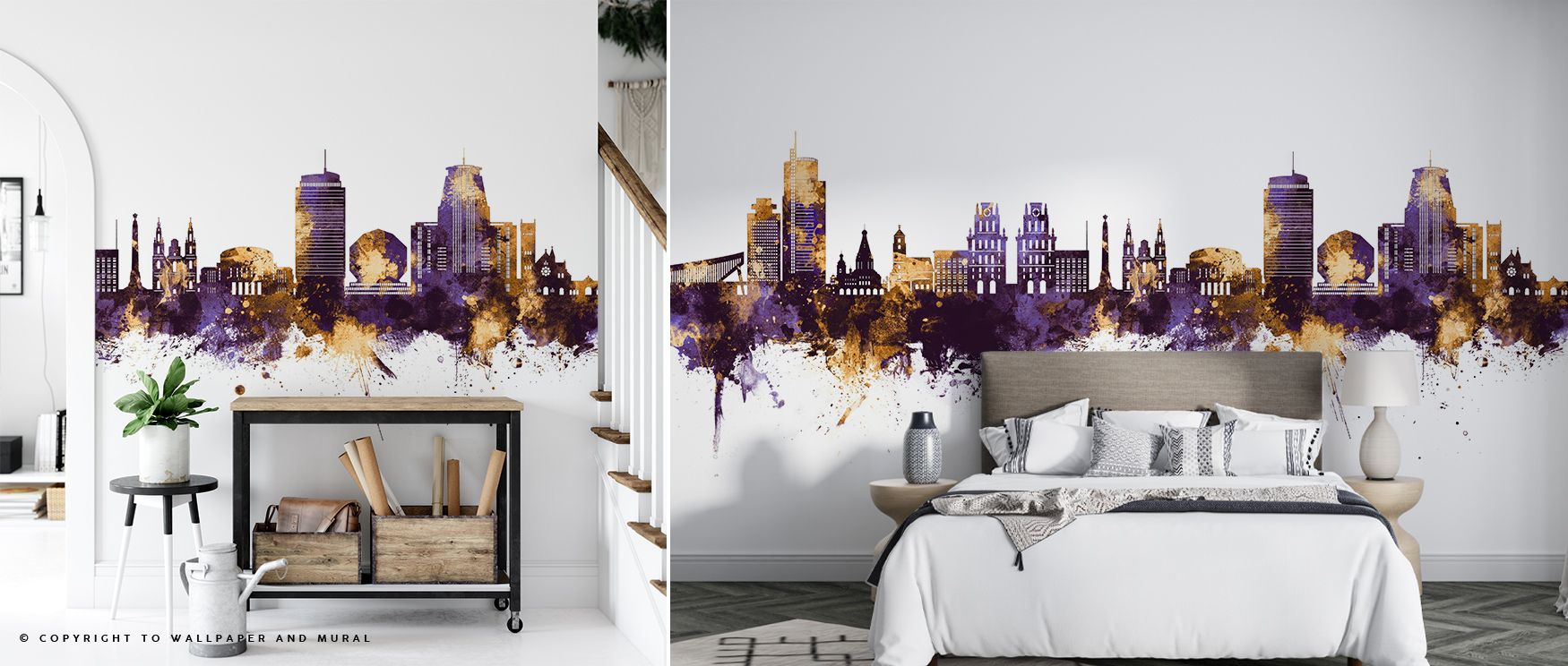 Golden brilliance is expressed in the Minsk Belarus Skyline Purple & Gold Wallpaper, where luminous accents highlight structure. Interiors gain atmosphere of luxury and timeless character, offering sophistication through regal skyline rhythm. 
