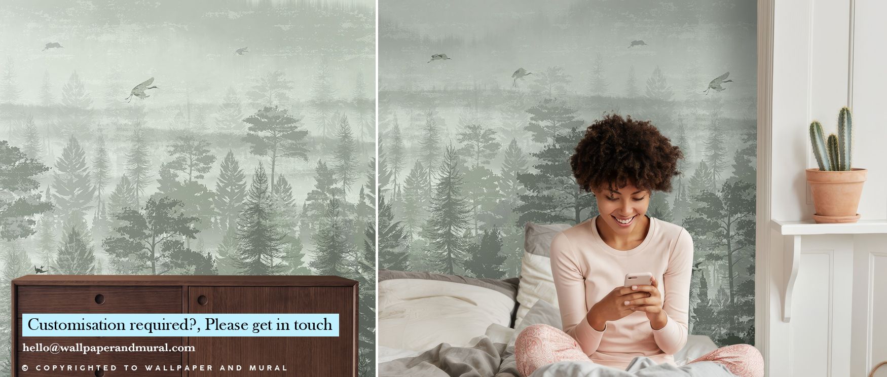 Dawn-like mist envelops every tree in this mural, suggesting harmony between shadow and glow. Misty Green Forest Wallpaper feels both expansive and intimate, with distant outlines forming whispers of depth. This mood encourages restfulness, turning bedroo