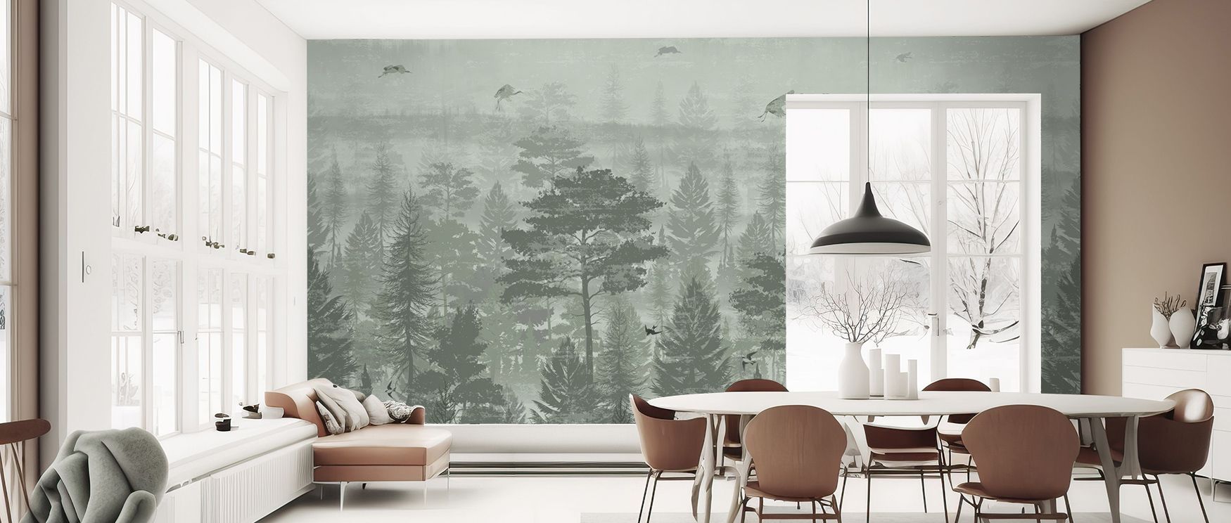 Tall trees layered with shifting mist compose the mural’s central harmony. Misty Green Forest Wallpaper frames depth through hazy silhouettes, adding soft distance and balance. Each subtle change of shade feels organic, turning walls into quiet sanctuarie