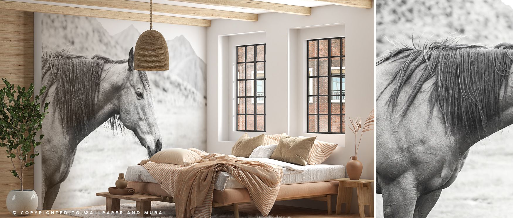 Soft transitions of color enrich the mural with rhythm and balance. The Moke Lake Horse Wallpaper blends hues of muted blue with natural green to create grounded beauty. The horse adds a sense of life, standing peacefully against reflective surfaces. Its 