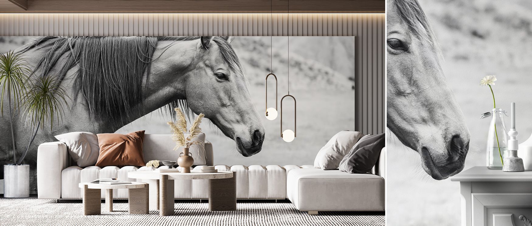 Depth appears naturally in the mural as colors shift between mountain, water, and sky. The Moke Lake Horse Wallpaper presents landscape and wildlife in peaceful union. Subtle tones enrich each element, balancing reflection with form. Its quiet elegance co