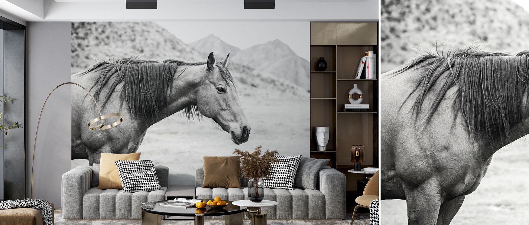 An atmosphere of freedom surrounds the horse in this mural. The Moke Lake Horse Wallpaper combines reflective waters with mountain silhouettes, producing balance in every detail. Its tones of blue and green build tranquility, offering walls an atmosphere 