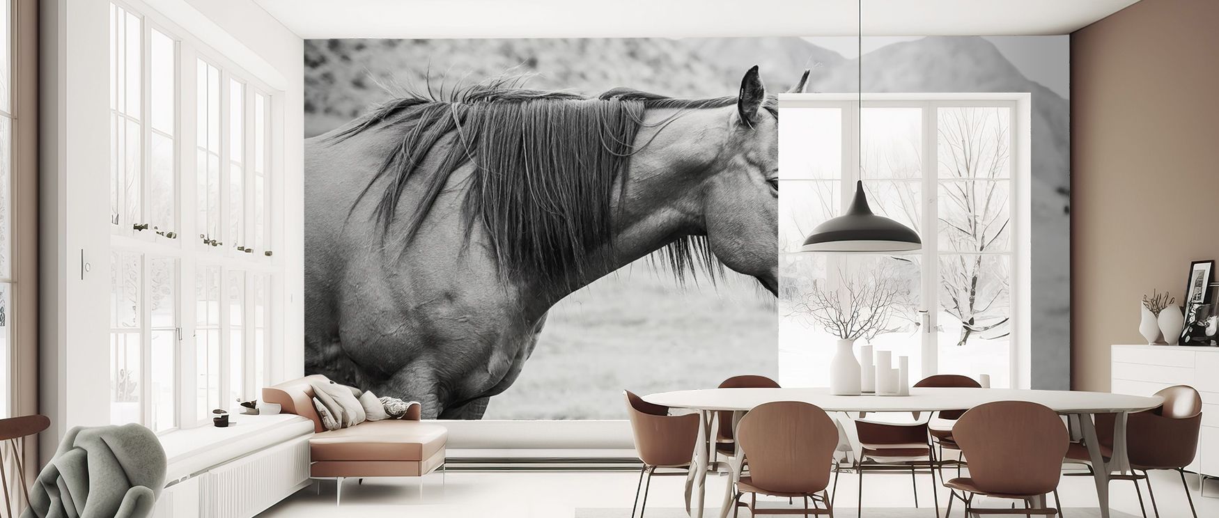 Still waters expand the composition with delicate mirror-like reflections. The Moke Lake Horse Wallpaper reveals the horse as symbol of grace within an unbroken landscape. Mountains steady the horizon while muted tones blend seamlessly. Interiors such as 