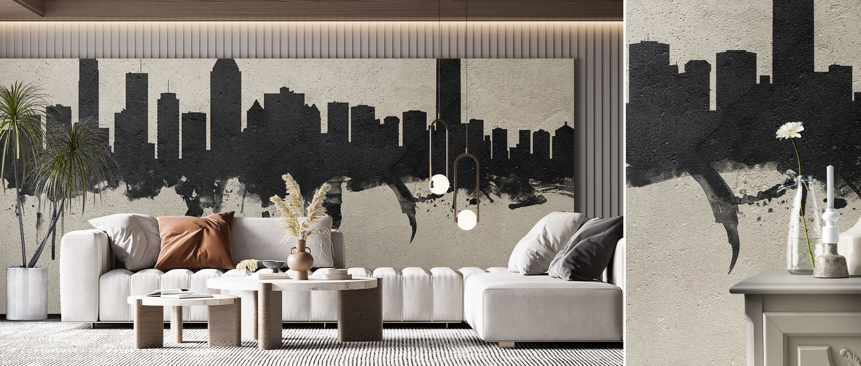 Neutral grays flow across the skyline mural, uniting architectural form with minimal elegance. The Montreal Canada Skyline Concrete Wallpaper gives interiors urban refinement without excess, fitting effortlessly into bedrooms, offices, or lounge areas. Th