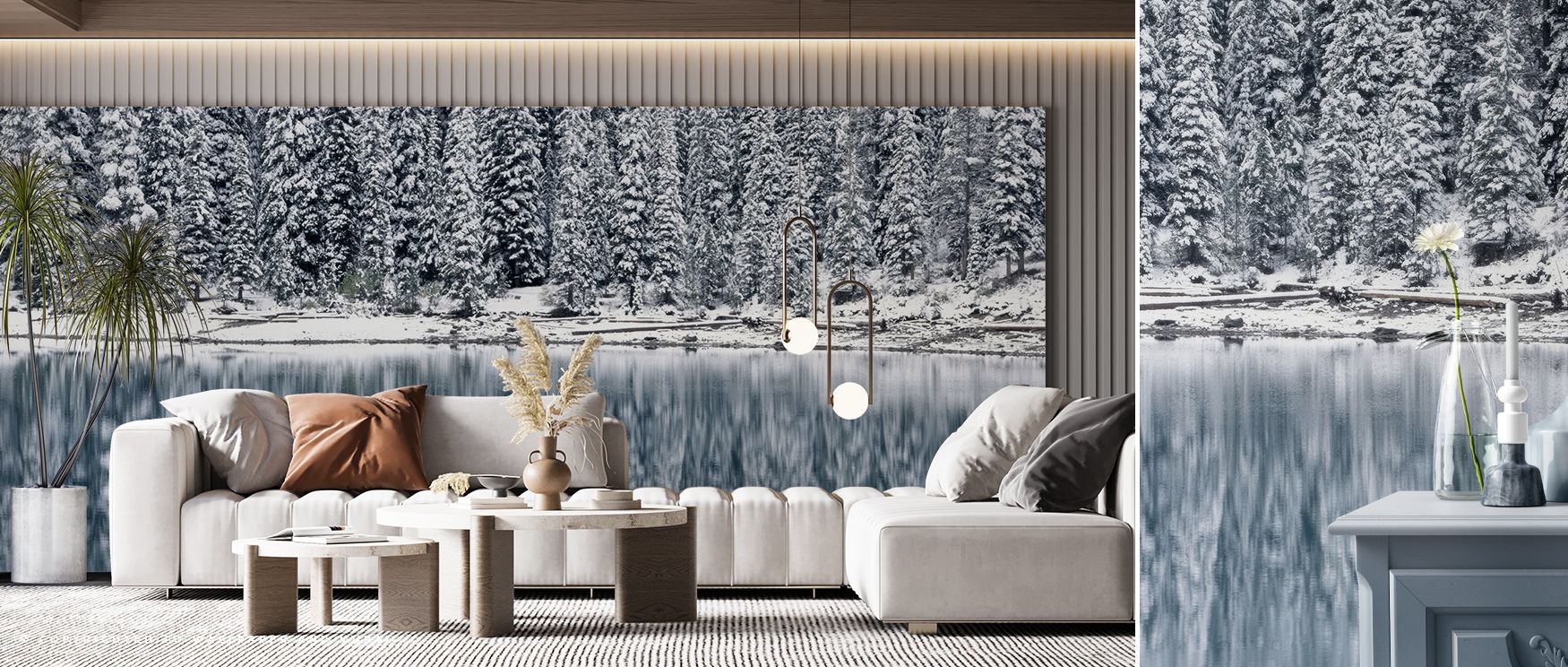 Shadows of mountains reflected on calm water create timeless rhythm. The Moraine Lake Wallpaper portrays stillness as strength, offering interiors peace that lingers. Its blue and green palette adapts to bedrooms, offices, or living spaces, enriching them