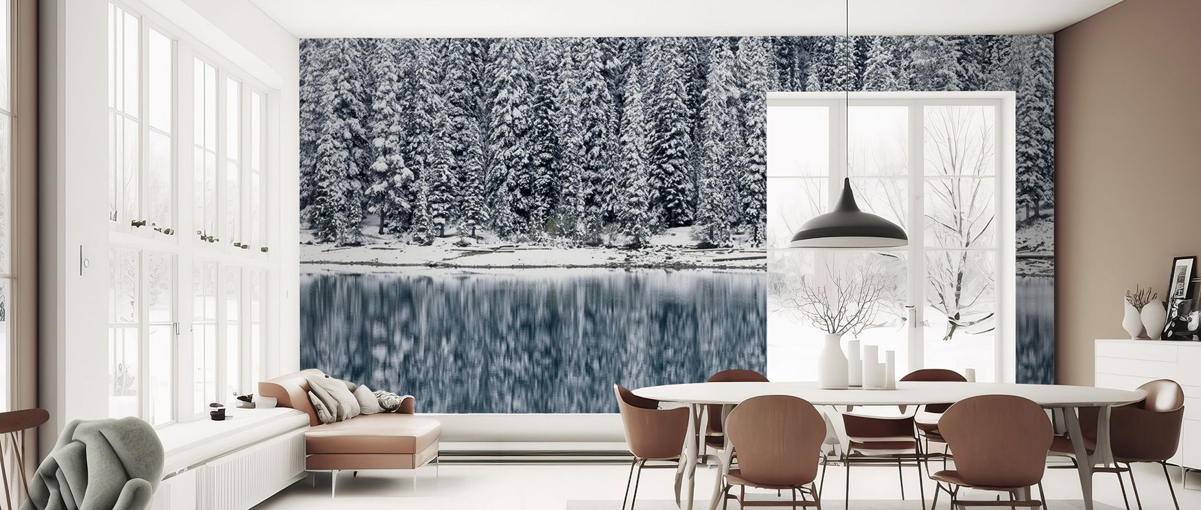 The mural’s expansive horizon amplifies calm, reflecting peaks in soft tones across still waters. The Moraine Lake Wallpaper presents harmony as atmosphere, offering interiors sanctuary-like presence. Bedrooms, living rooms, or offices gain quiet majesty 