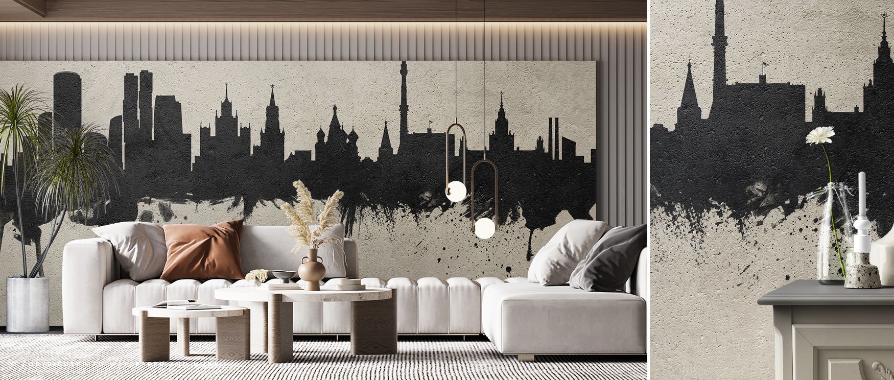 Neutral tones of concrete enhance the architectural horizon in this mural. The Moscow Russia Skyline Concrete Wallpaper communicates strength through clarity and shadow. Interiors transform into spaces of sophistication, whether bedrooms, living rooms, or