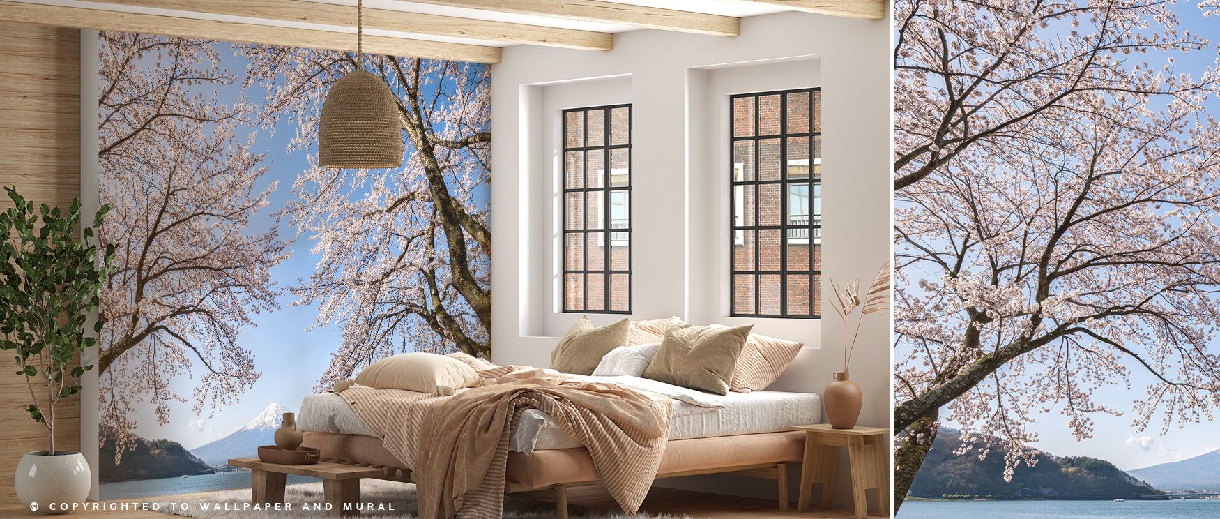 A majestic peak dominates the mural, softened by spring’s gentle blossoms. The Mount Fuji in Spring Wallpaper balances strength with delicacy, creating imagery that feels both powerful and refined. Bedrooms, living rooms, or offices benefit from its atmos