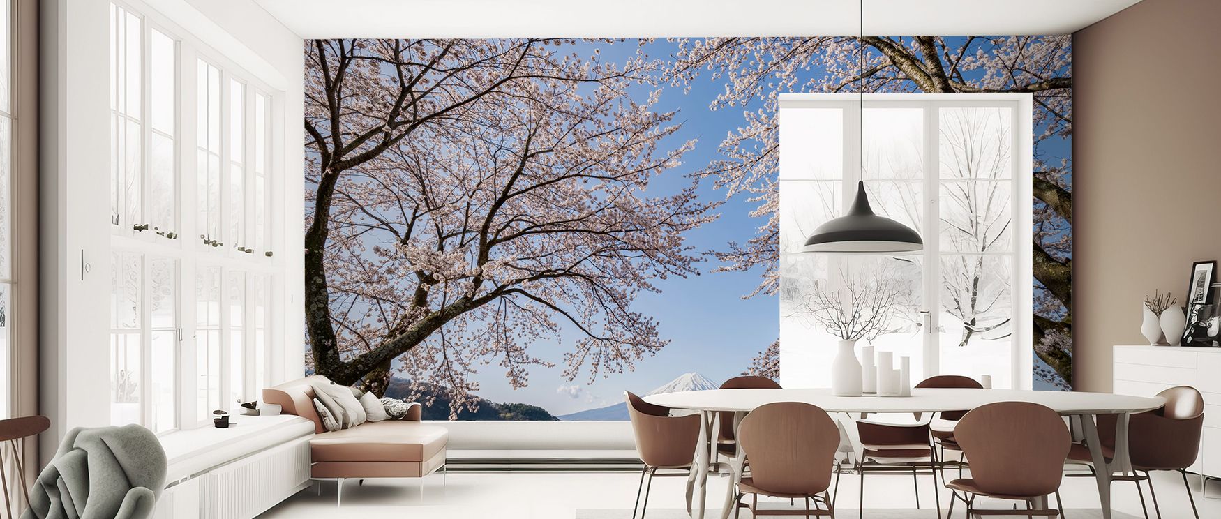 Vibrant blossoms soften Mount Fuji’s commanding presence in the mural. The Mount Fuji in Spring Wallpaper captures harmony between grandeur and seasonal delicacy, offering interiors refined energy. Bedrooms, offices, or lounges gain natural rhythm through