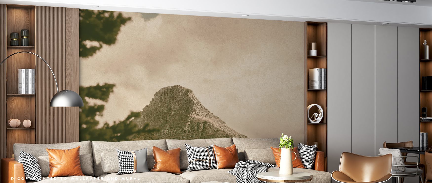 Gentle transitions in tone unify mountain and sky. The Mountainous Wallpaper conveys atmosphere of harmony, grounding interiors through muted beauty. Its design suits bedrooms, offices, or living spaces, providing walls with balance and subtle grandeur. T