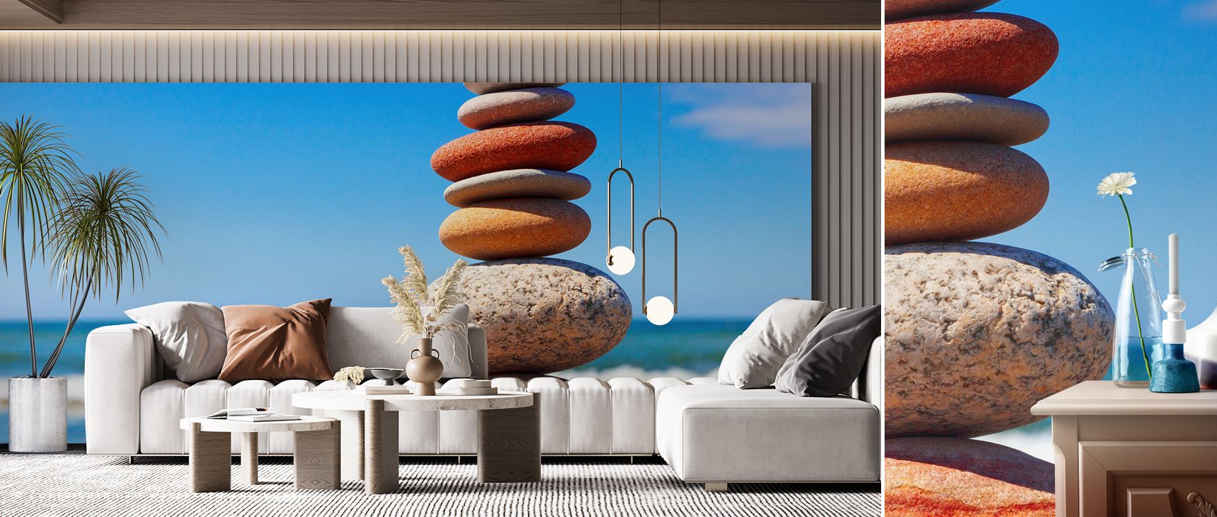 Bright hues contrast with muted tones to create layered rhythm. The Multicolored Pebble Tower Wallpaper energizes interiors with imaginative character. Bedrooms, lounges, or offices thrive under its presence, gaining whimsical identity. The mural reflects
