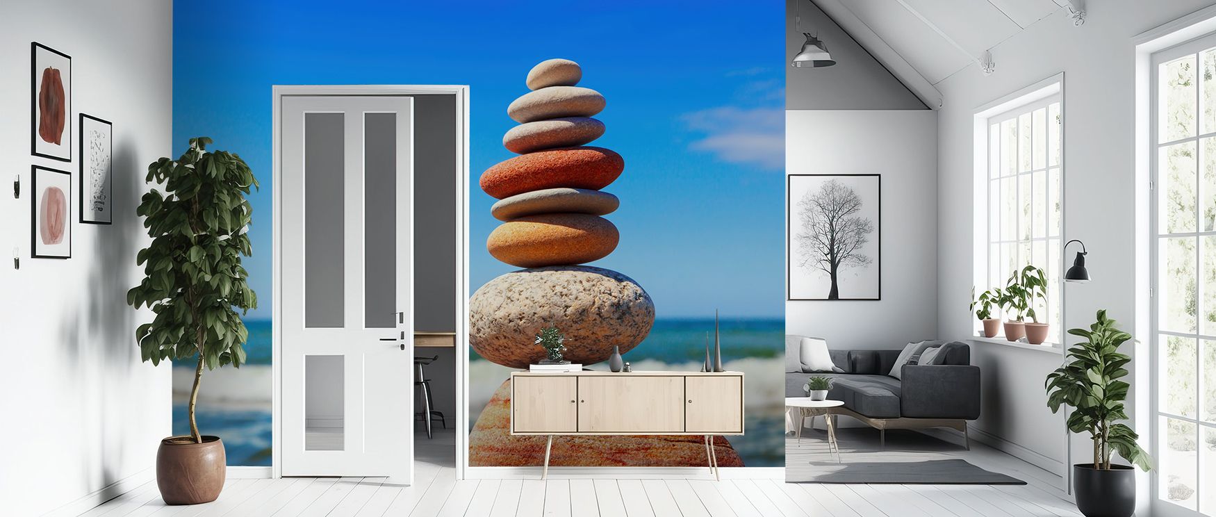 Rounded shapes stack in fluid harmony, offering interiors playful imagery. The Multicolored Pebble Tower Wallpaper transforms walls into expressions of imagination. Bedrooms, offices, or living spaces resonate with lively elegance, gaining whimsical atmos