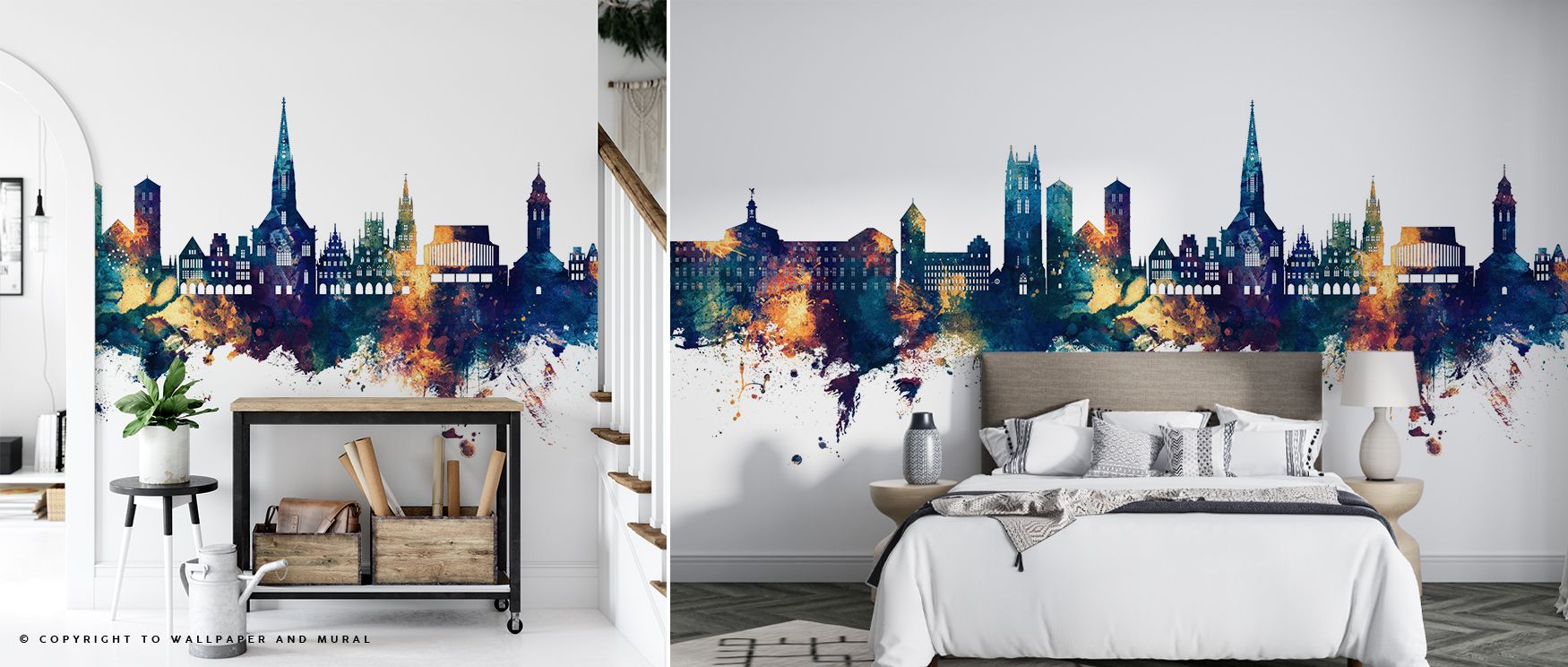 Rich tones of blue and bronze stretch across the Münster Germany Skyline Blue & Bronze Wallpaper, framing architectural silhouettes in balanced rhythm. This mural conveys cultural charm and metropolitan refinement, enhancing bedrooms, offices, or lounges 