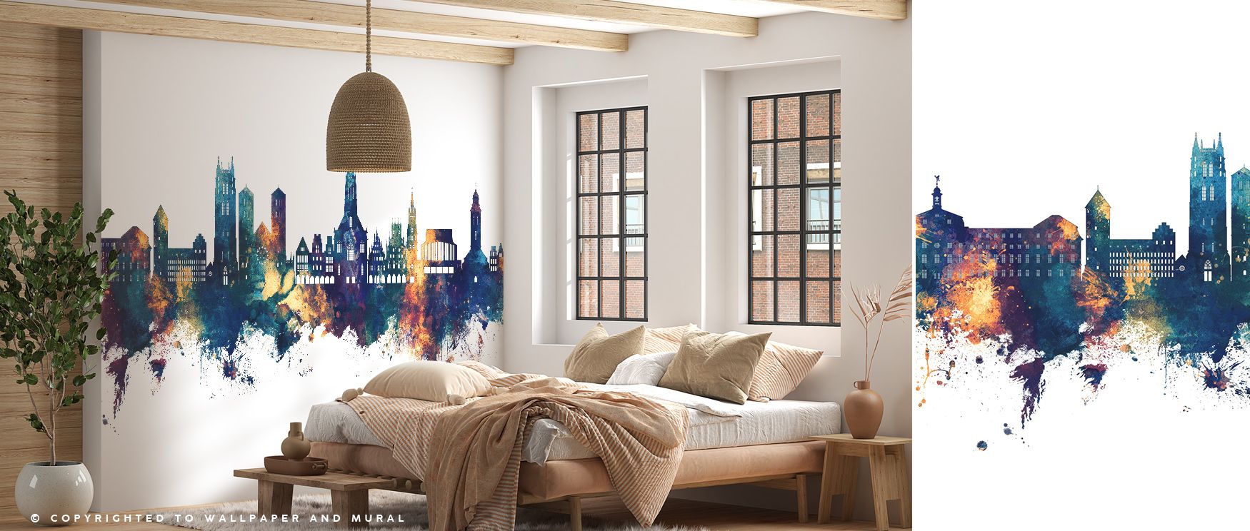 Contrasts emerge naturally in the mural as bronze highlights define silhouettes against deep blue backdrops. The Münster Germany Skyline Blue & Bronze Wallpaper emphasizes resilience and elegance together. Bedrooms or offices gain character under its imag
