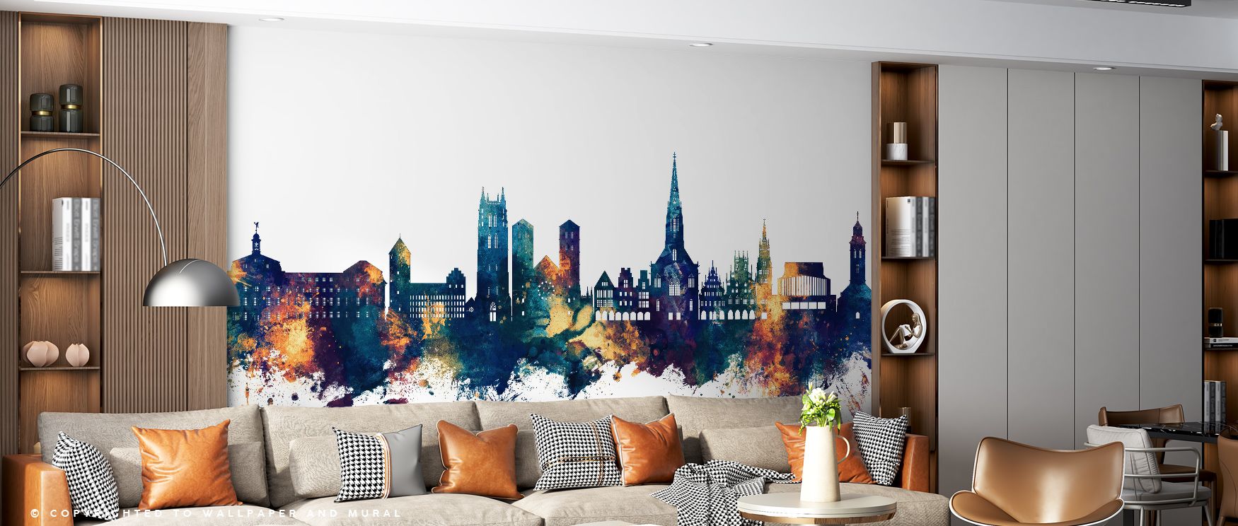 A horizon of refined tones builds rhythm across the mural. The Münster Germany Skyline Blue & Bronze Wallpaper reflects urban strength while maintaining graceful presence. Bedrooms, lounges, or offices resonate with its atmosphere, gaining sophistication 
