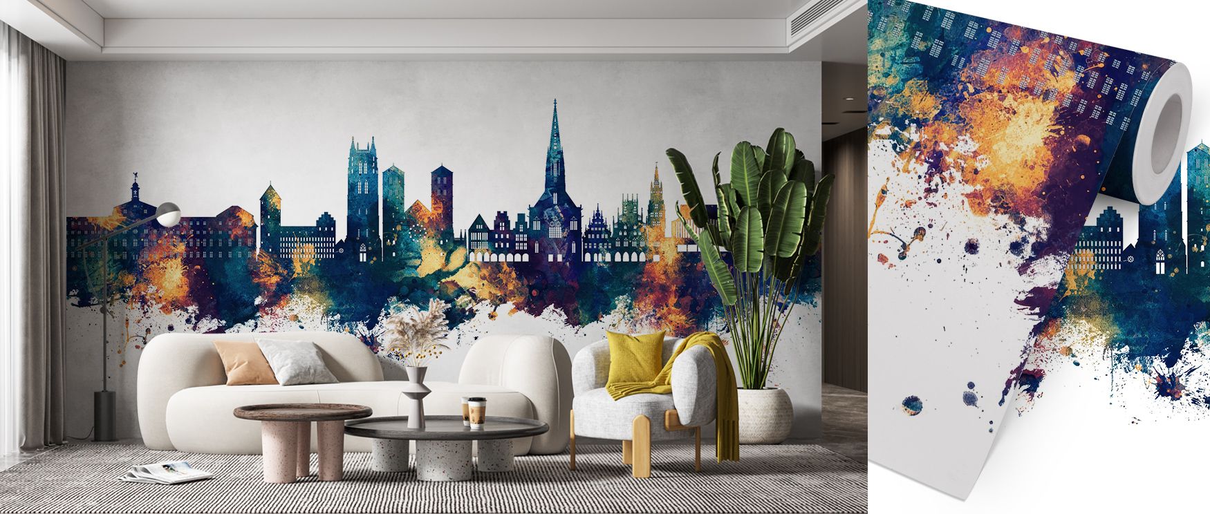 Balanced forms emerge through color harmony across the mural. The Münster Germany Skyline Blue & Bronze Wallpaper grounds interiors with urban rhythm while maintaining elegance. Bedrooms, lounges, or offices benefit from its imagery, which turns walls int