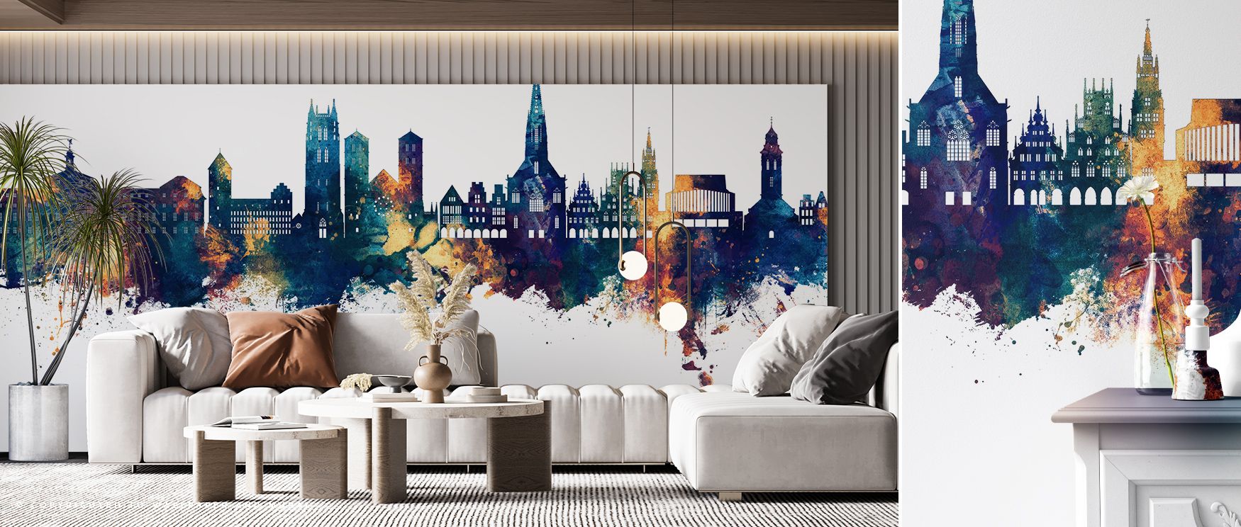 Warm bronze contrasts with deep blue in the mural, presenting silhouettes that symbolize resilience. The Münster Germany Skyline Blue & Bronze Wallpaper conveys balance and artistry together. Bedrooms, offices, or living spaces gain atmosphere of calm urb